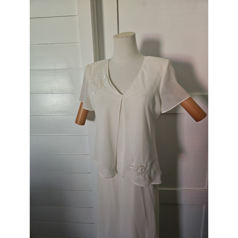 Y2K R&K Originals Beaded Chiffon Layered Midi Dress Ivory Size 10